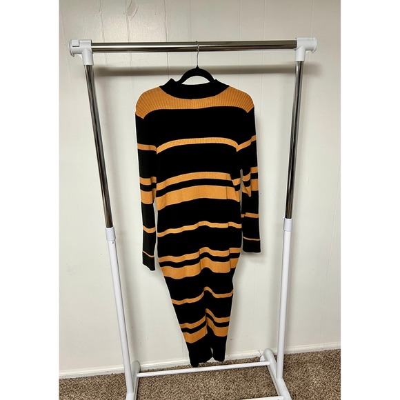 JUSTFAB Black & Mustard Stripe Mock Neck Ribbed Knit Maxi Sweater Dress - Picture 6 of 7